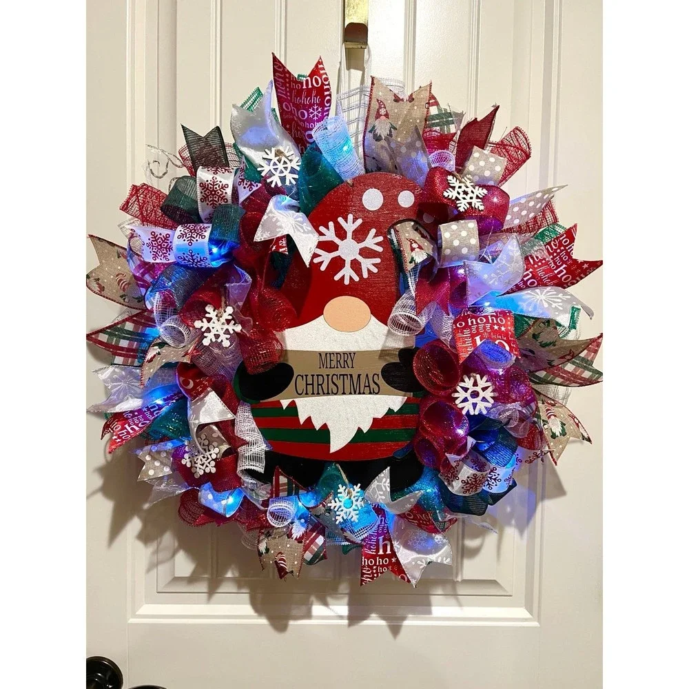 Christmas Snowflake Gnome Holiday Ribbon Door Wreath Handmade 22 ins LED W9